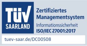 TÜV Saarland seal for certified management system information security (ISO/IEC 27001:2017)
