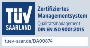 TÜV Saarland seal for certified management system quality management (DIN EN ISO 9001:2015)