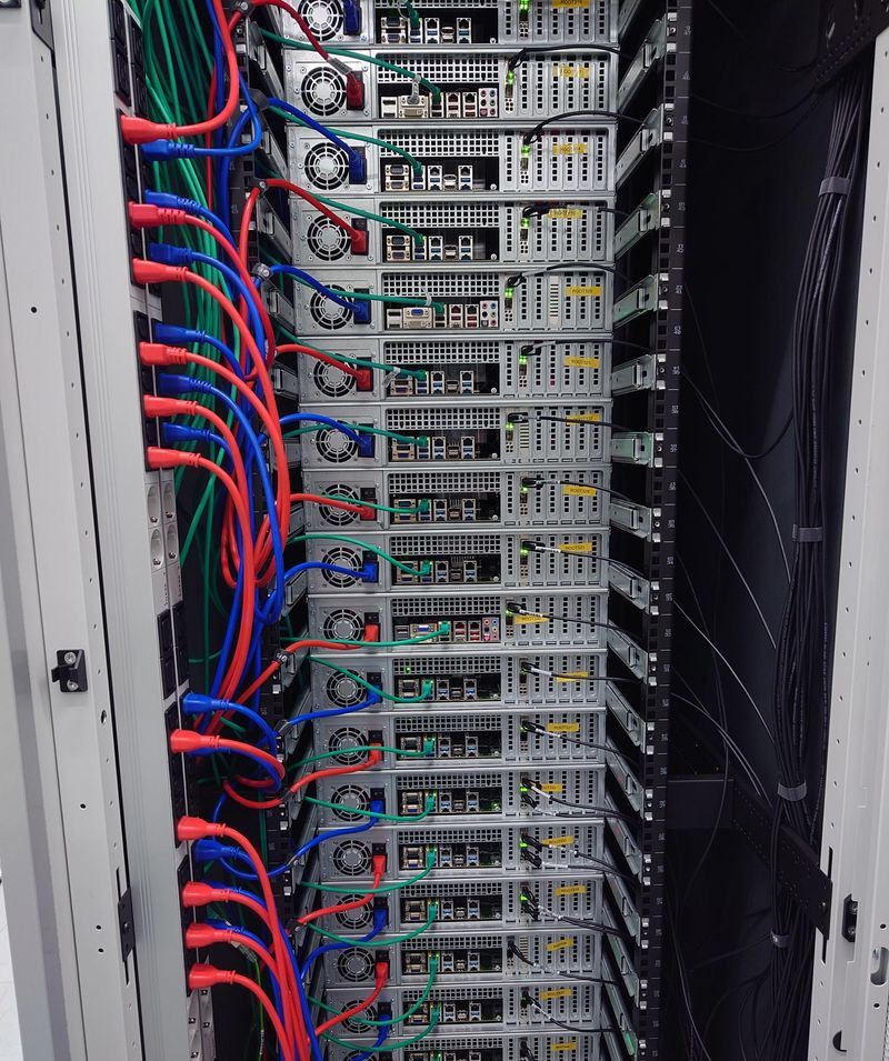 Rückansicht eines Server-Racks in einem Rechenzentrum, das mit roten, blauen und grünen Kabeln verbunden ist, die zu mehreren Servereinheiten führen