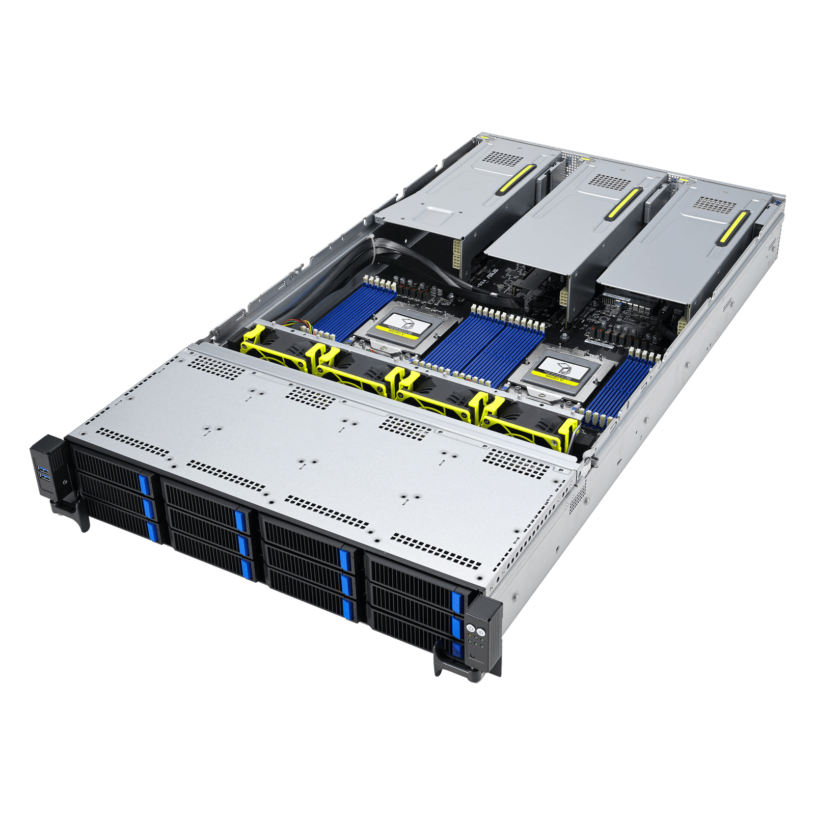 Offener Server mit zwei leistungsstarken Prozessoren und mehreren Lüftern, designed für hohe Leistung in einem Rechenzentrum