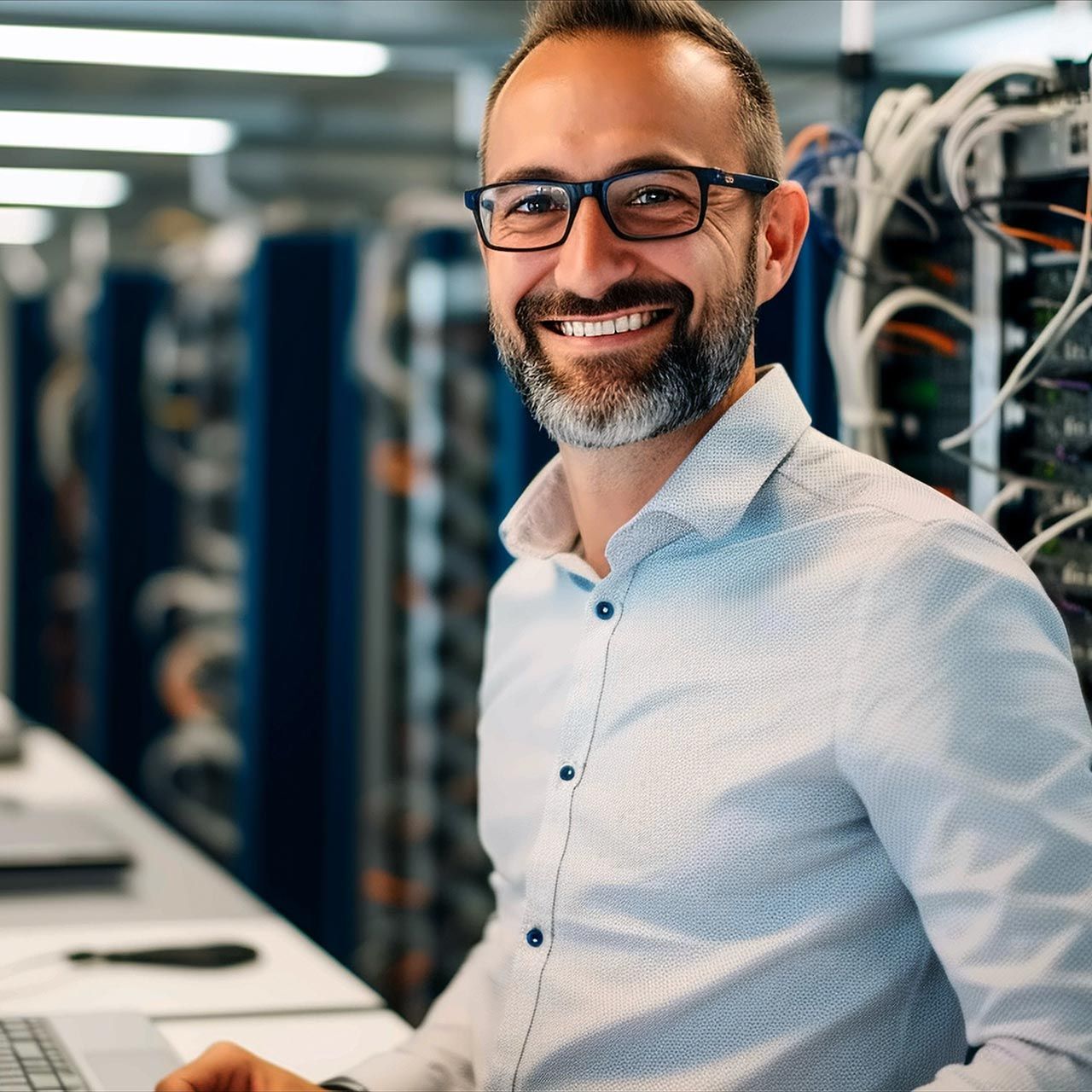 dataforest IT-Experte steht vor einem Server Rack